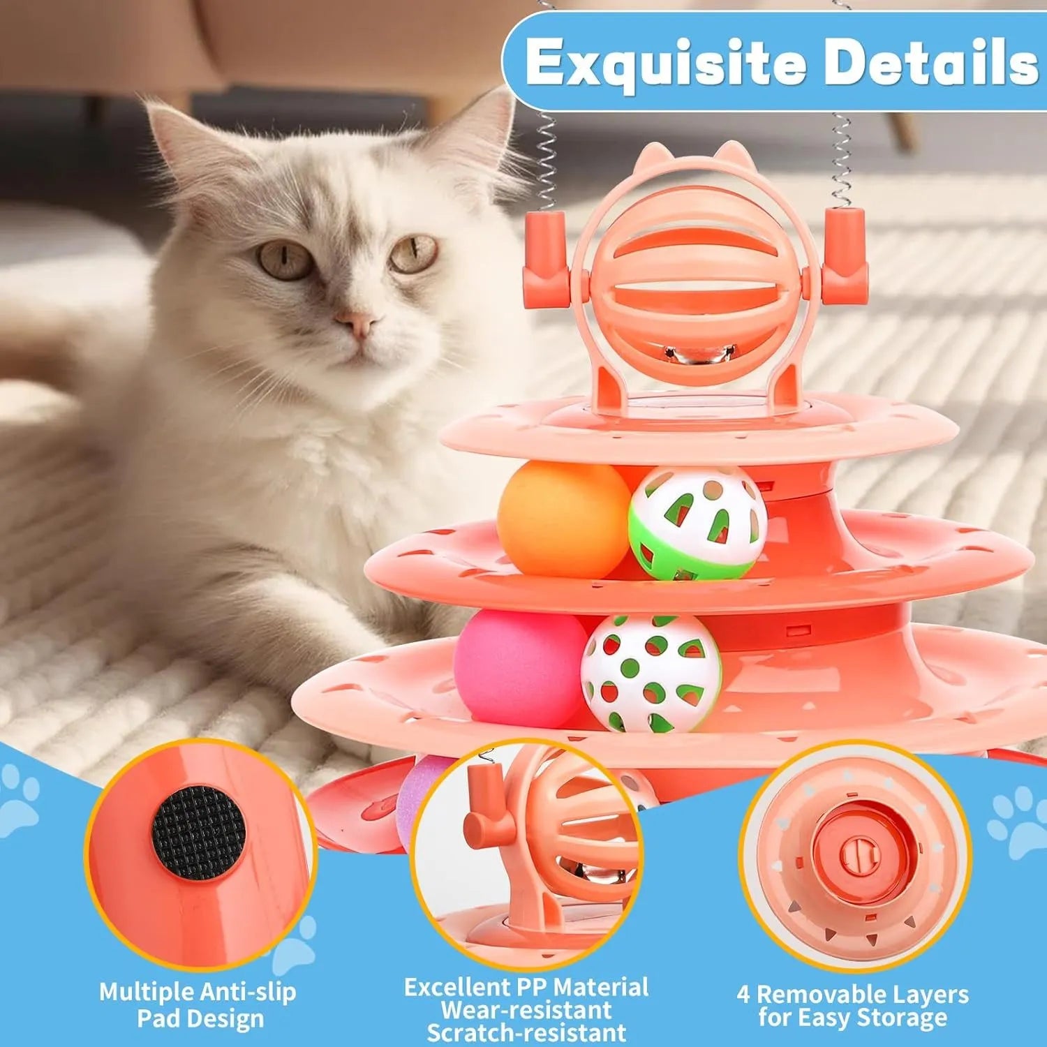 Interactive 4-tier cat puzzle toy with rotating carousel, 6 balls, and teasing rods in blue, green, or pink colours