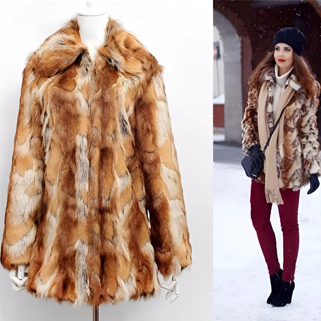 Women's tiger print faux fur leather jacket with regular sleeves and a mid-length 65cm fit.