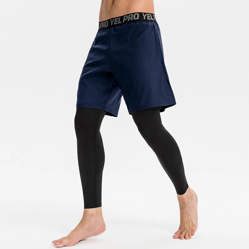Men's grey quick-drying high elastic tight fitness pants for running and training.