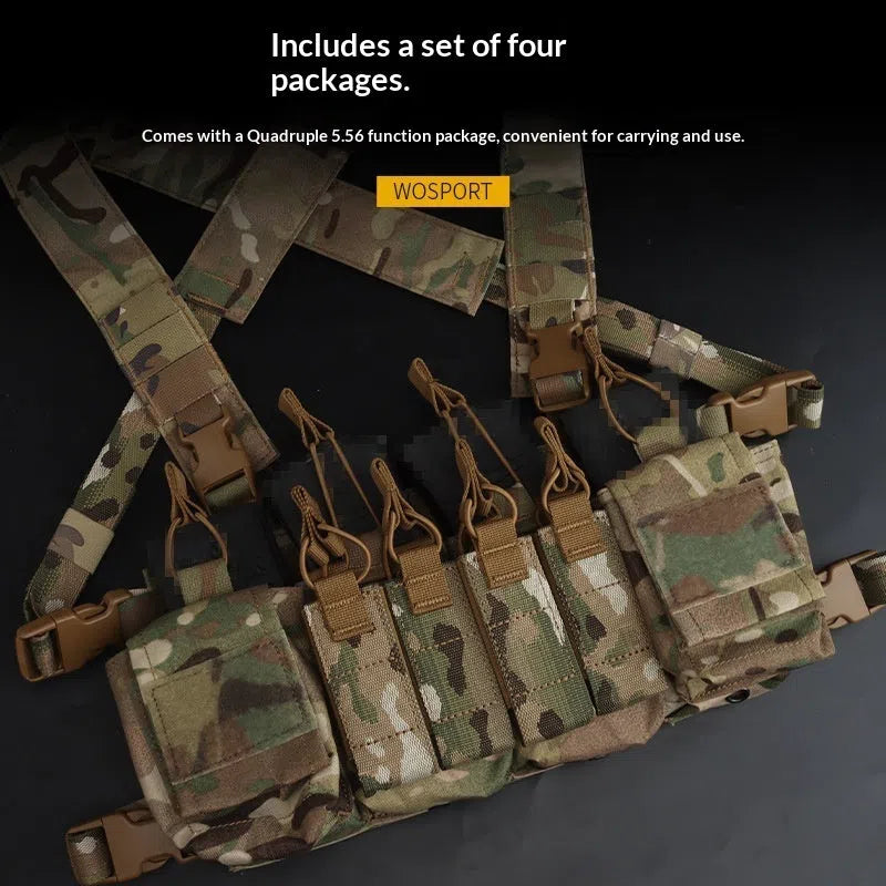 Camouflage nylon expandable chest harness with accessory storage pouch for shooting sports