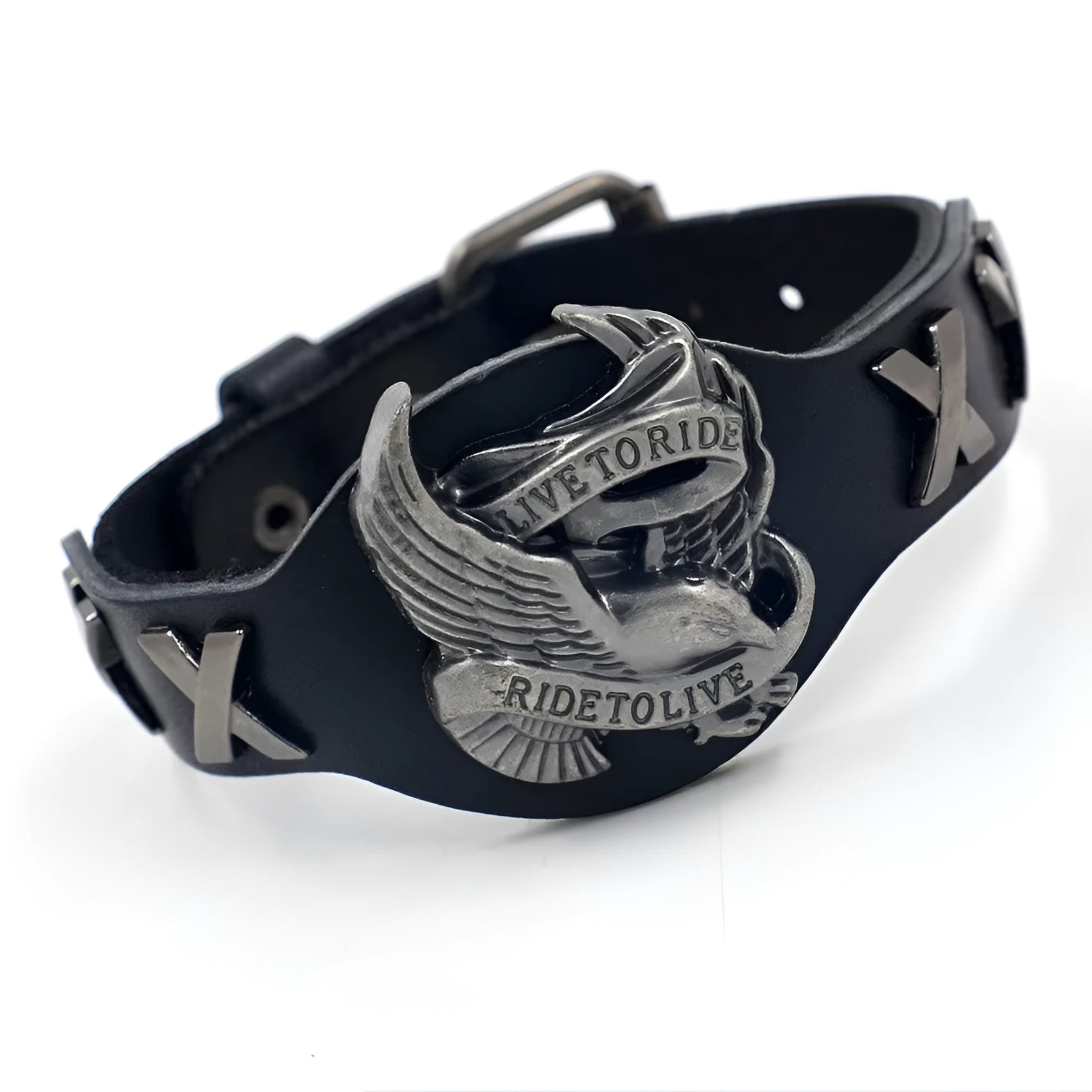 Black geometric leather bracelet with a detailed alloy eagle watch-button clasp on a wrist.