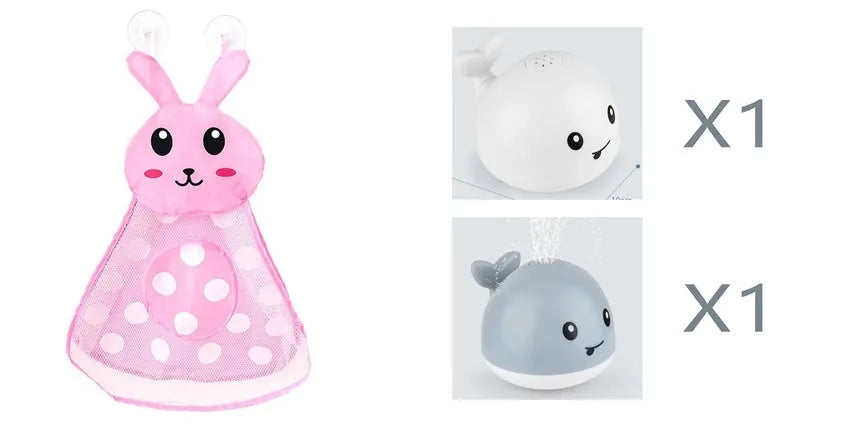 Electric whale bath toy with automatic water spray and flashing lights on a base