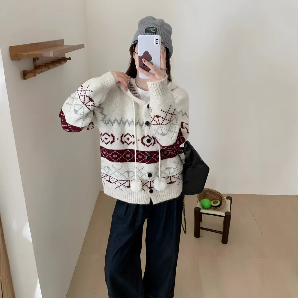 Women's plus size brocade sweater coat with geometric pattern in loose fit free size