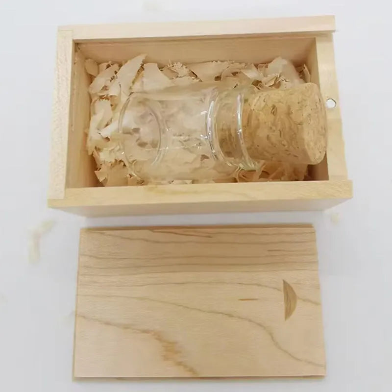 Wooden wish drift bottle shaped USB flash drive with transparent casing showing internal components.