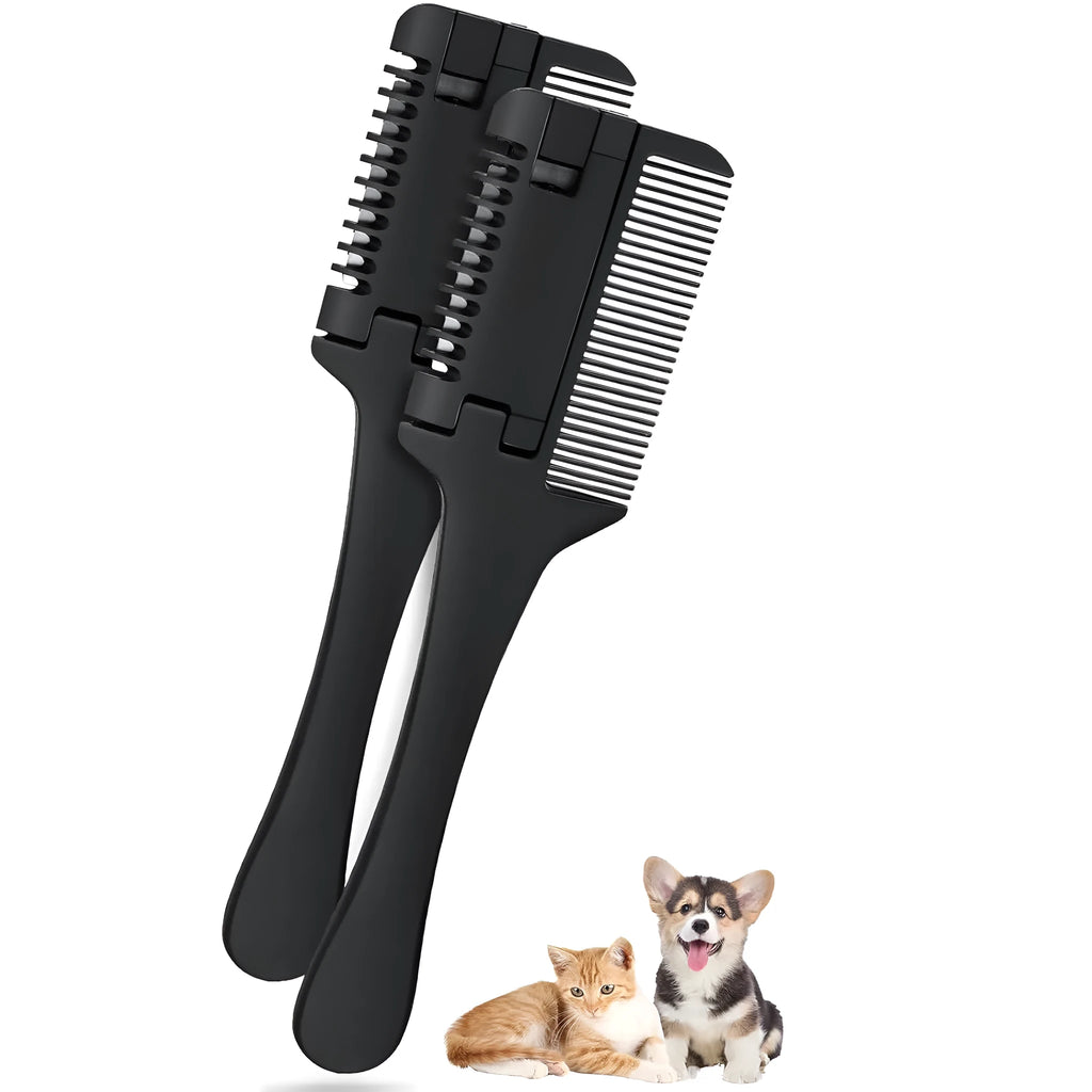 Pet razor comb and trimmer tool with comb teeth and blade, includes replacement blades, for dog and cat grooming.