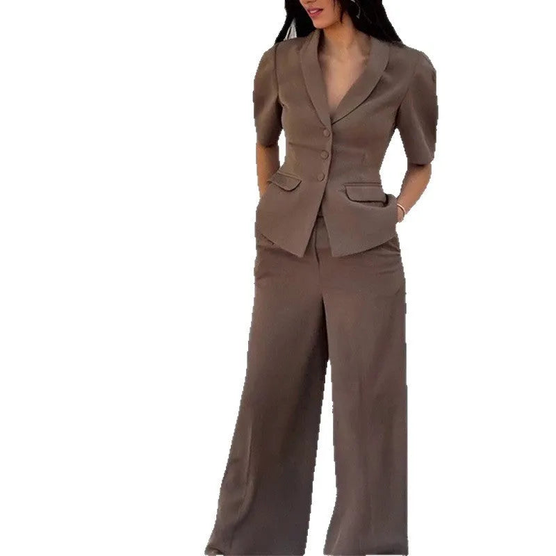 Brown men's slim fit polyester suit with long-sleeve top and matching trousers
