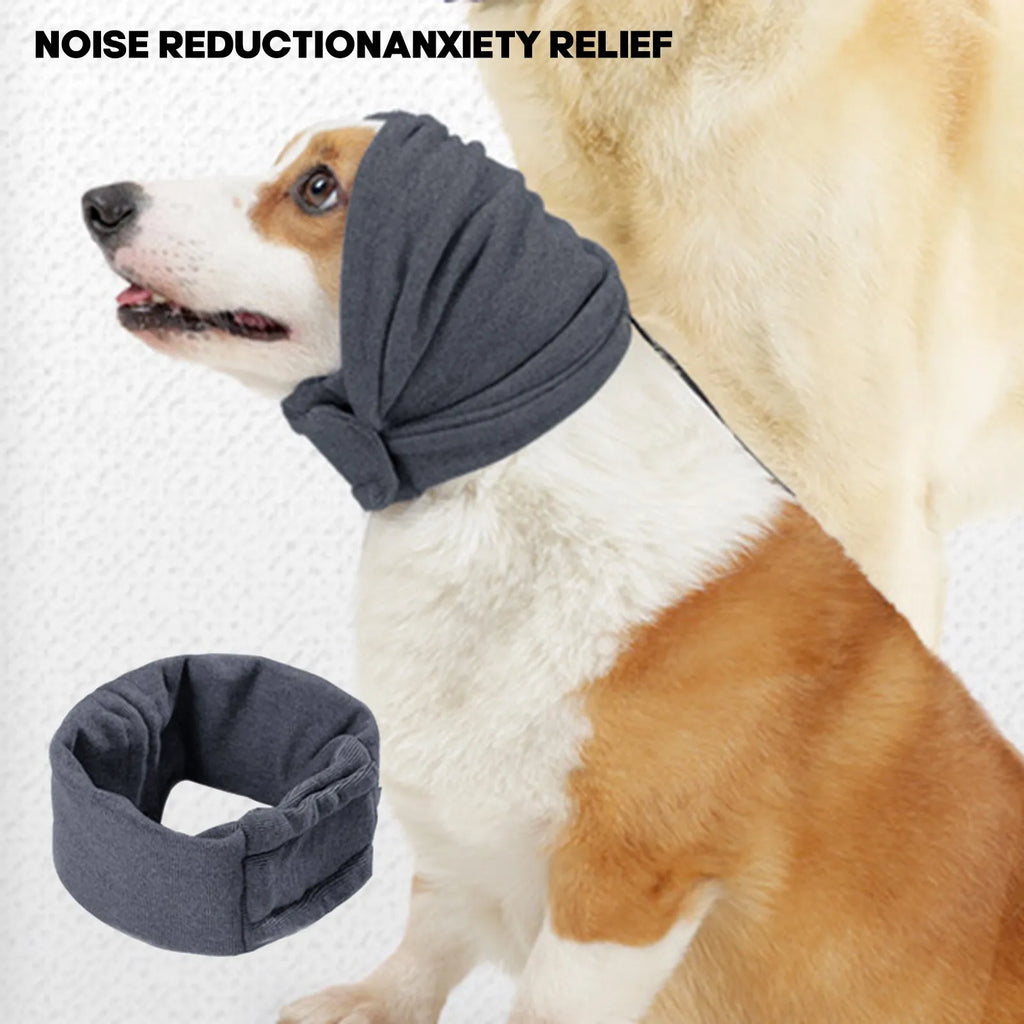 Dog wearing black calming hoodie head cover with ear wraps for noise reduction and anxiety relief