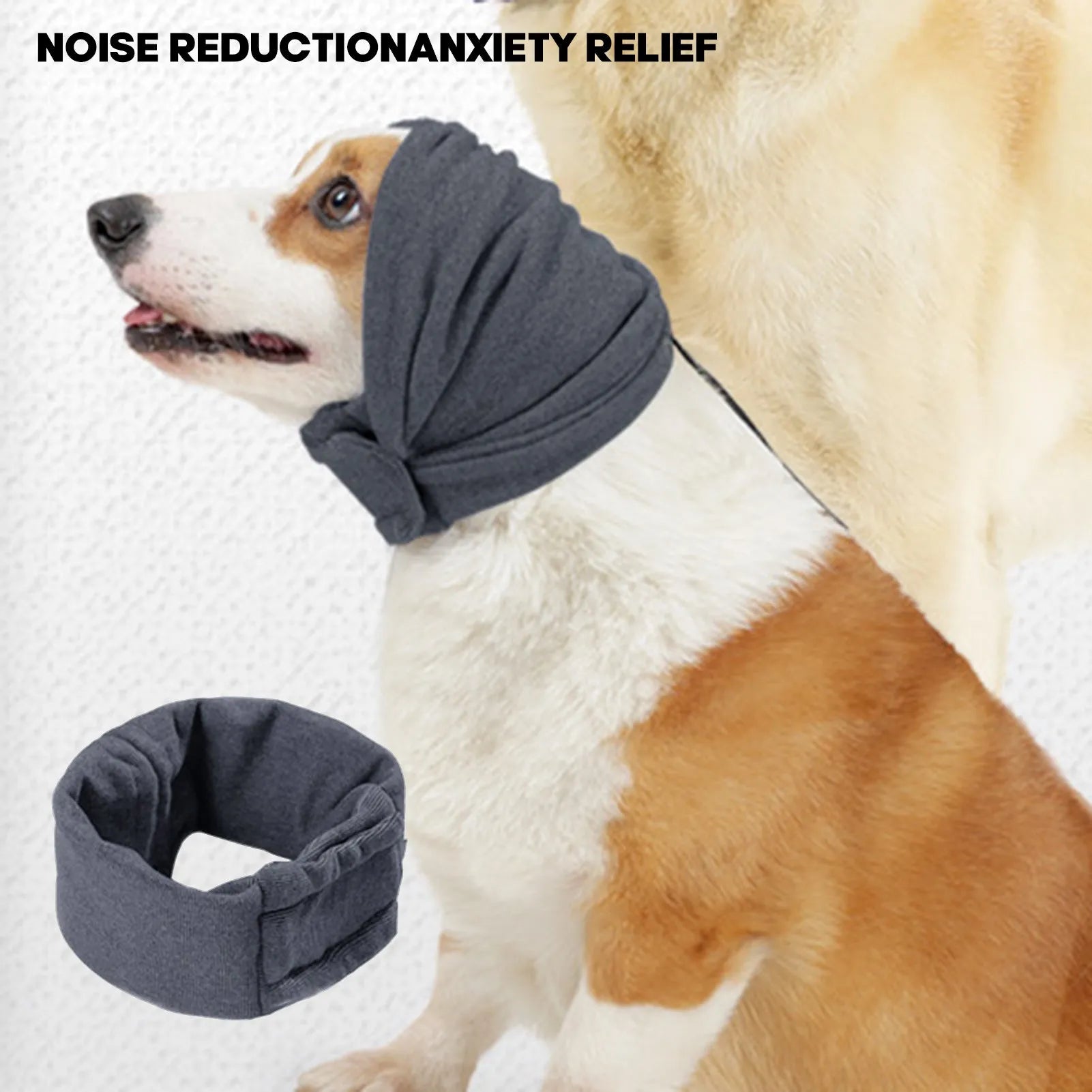 Dog wearing black calming hoodie head cover with ear wraps for noise reduction and anxiety relief