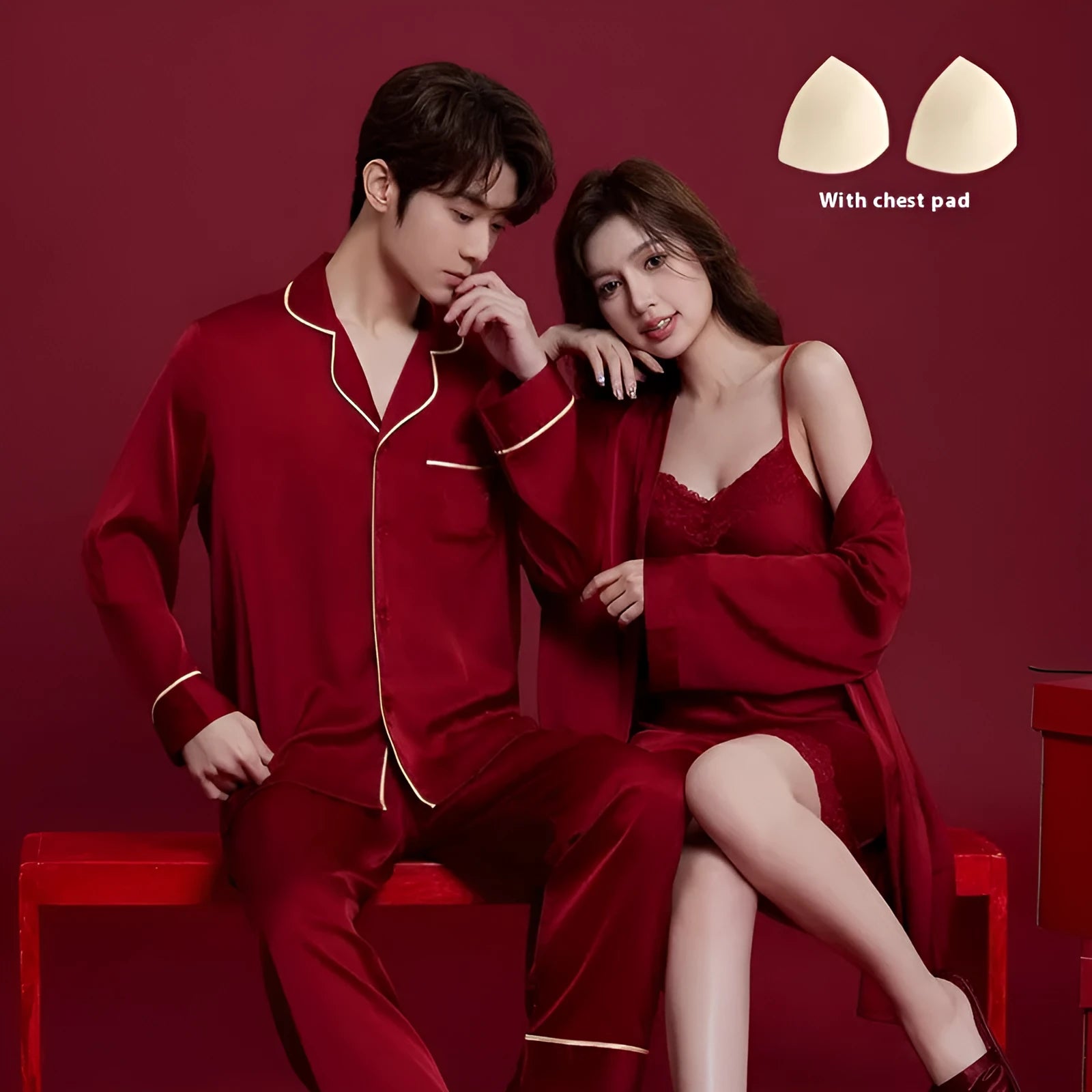 Red ice silk matching wedding sleepwear set for men and women with long sleeves and trousers
