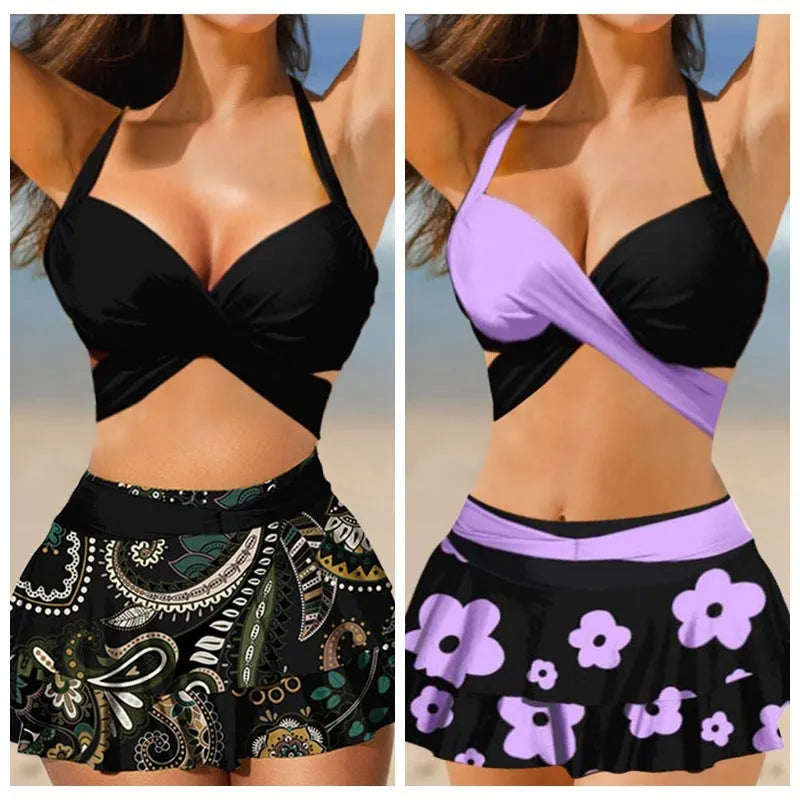 Women's purple bikini set with lace-up detail on split skirt and high-waist briefs.