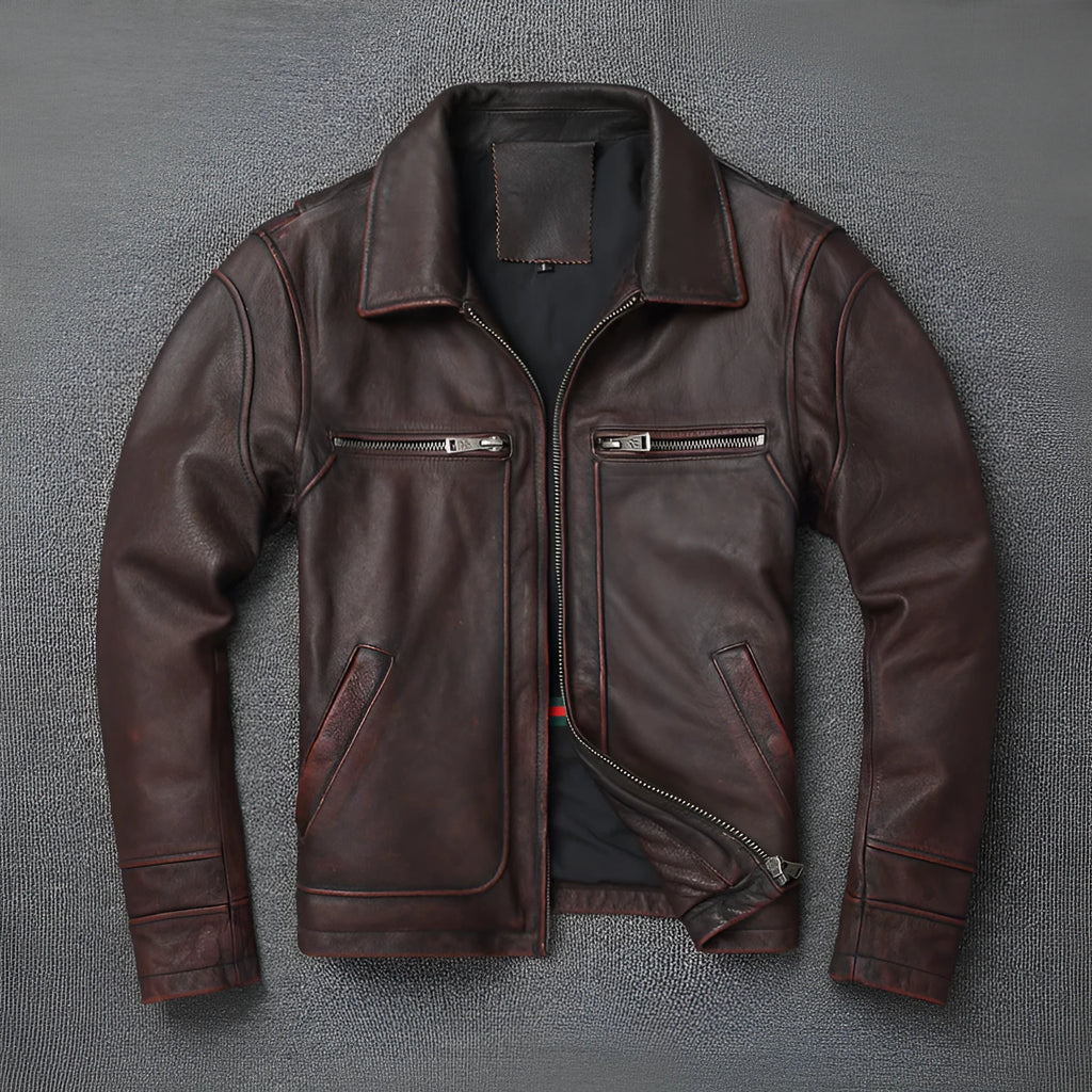 Men's short motorcycle coat in reddish brown genuine cowhide leather with stonewashed distressed finish