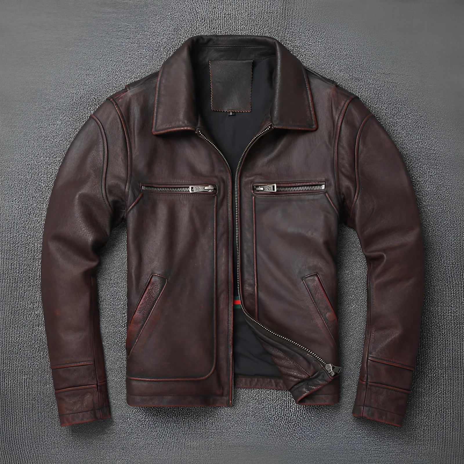 Men's short motorcycle coat in reddish brown genuine cowhide leather with stonewashed distressed finish