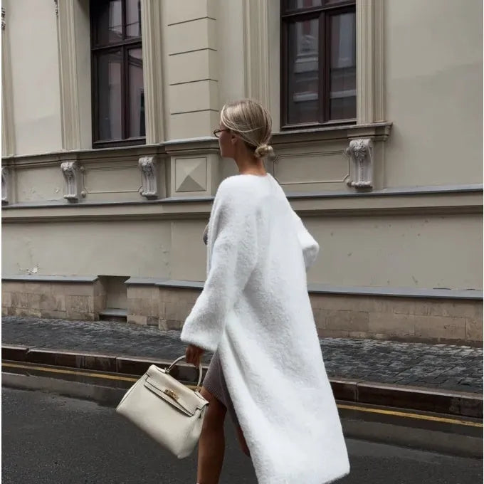 White loose fit knitted cardigan jacket for women with long sleeves and 105cm length