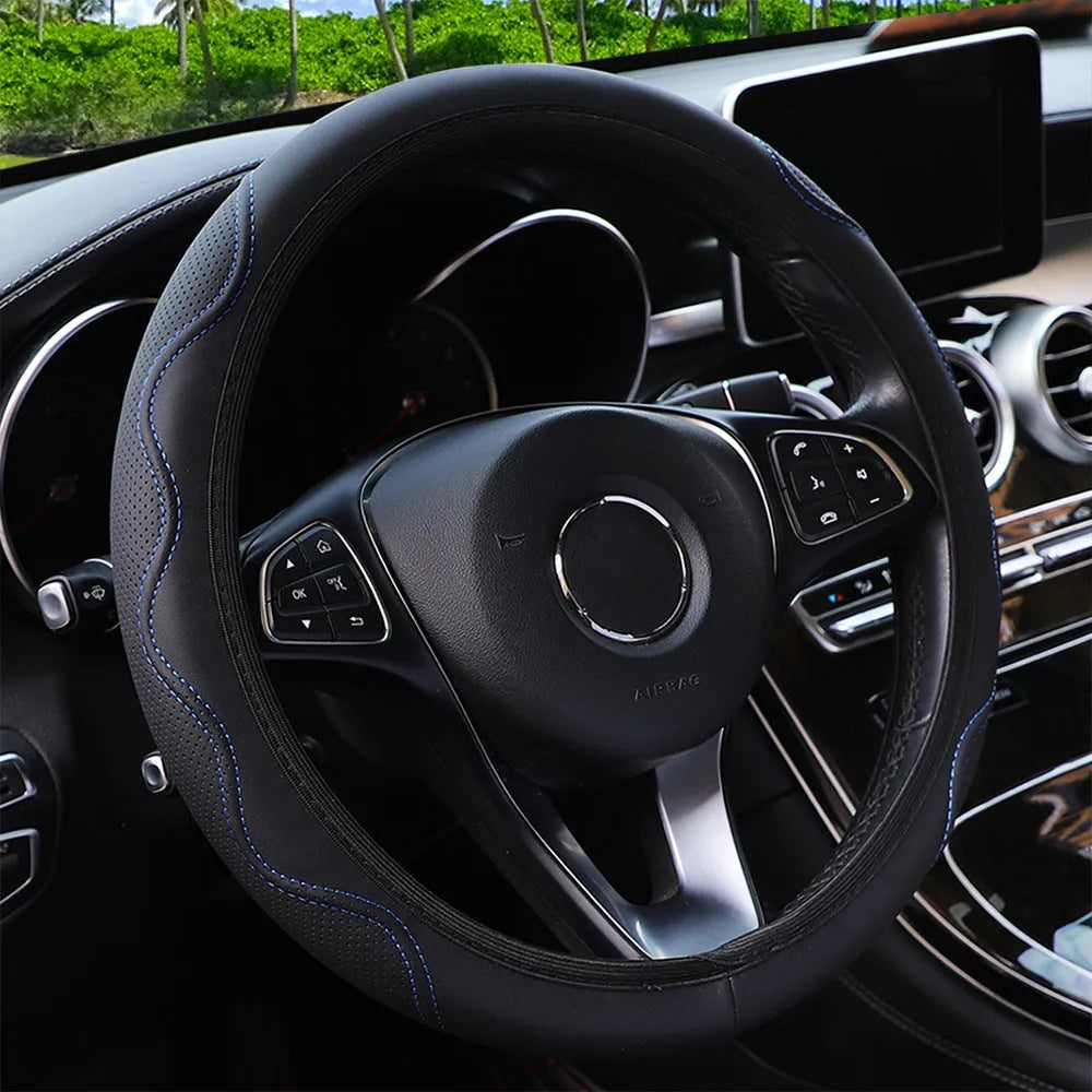 Elastic PU leather steering wheel cover with embossed corrugated texture for 37-38cm diameter wheels