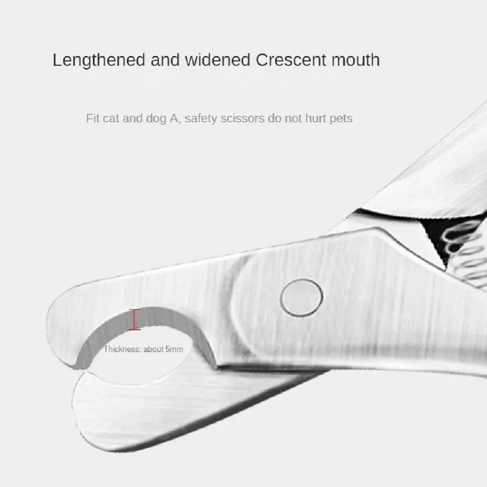 Silver stainless steel pet nail clipper with ergonomic handles and safety guard for dogs and cats