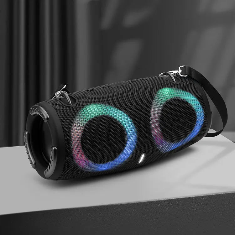 War Drum portable Bluetooth speaker with coloured RGB lights in black, blue, red, silver grey, or camouflage.