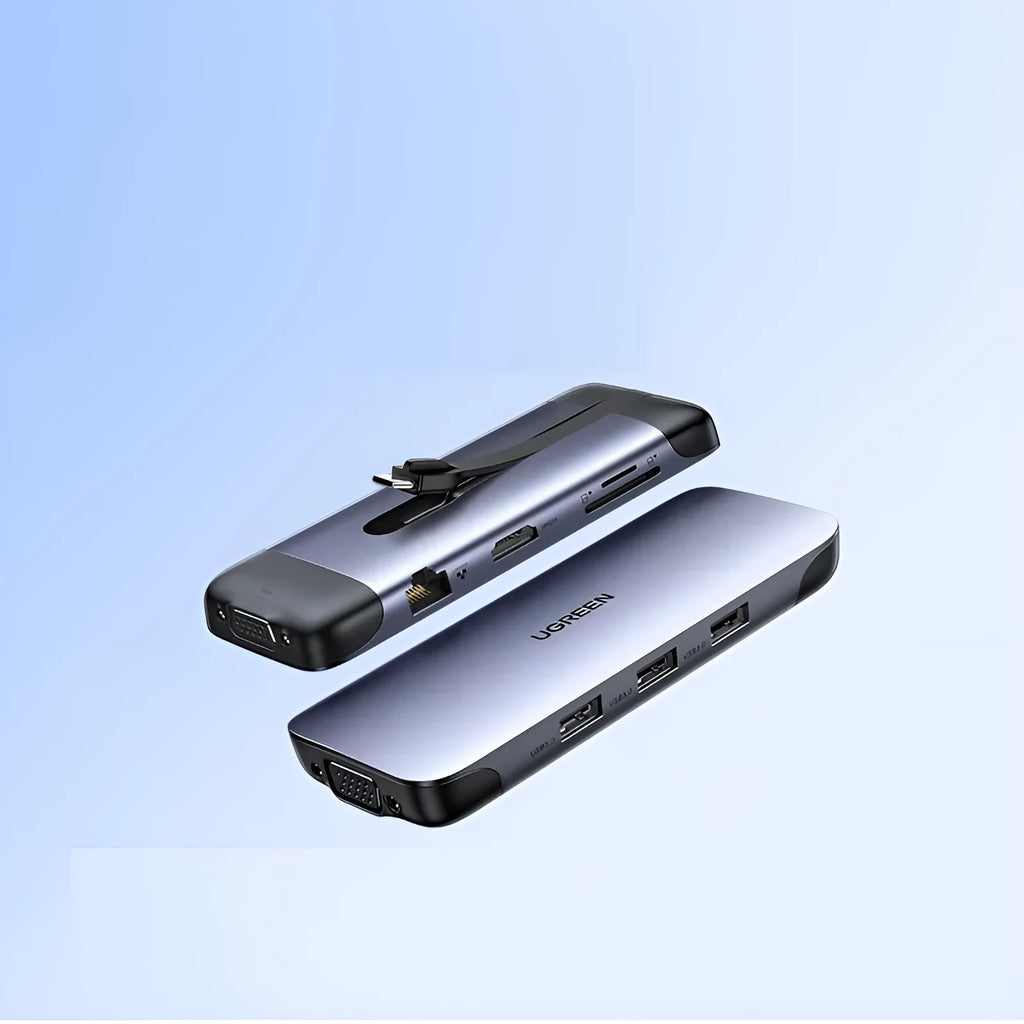USB-C to multi-port dock expansion adapter showing HDMI, USB 3.0, PD charging, VGA, and Ethernet ports.