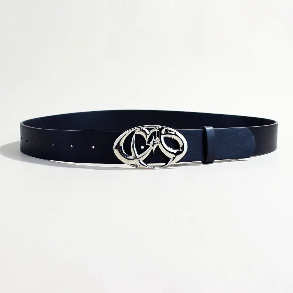 Silver buckle PU leather casual belt showing 105cm length and snap button fastening