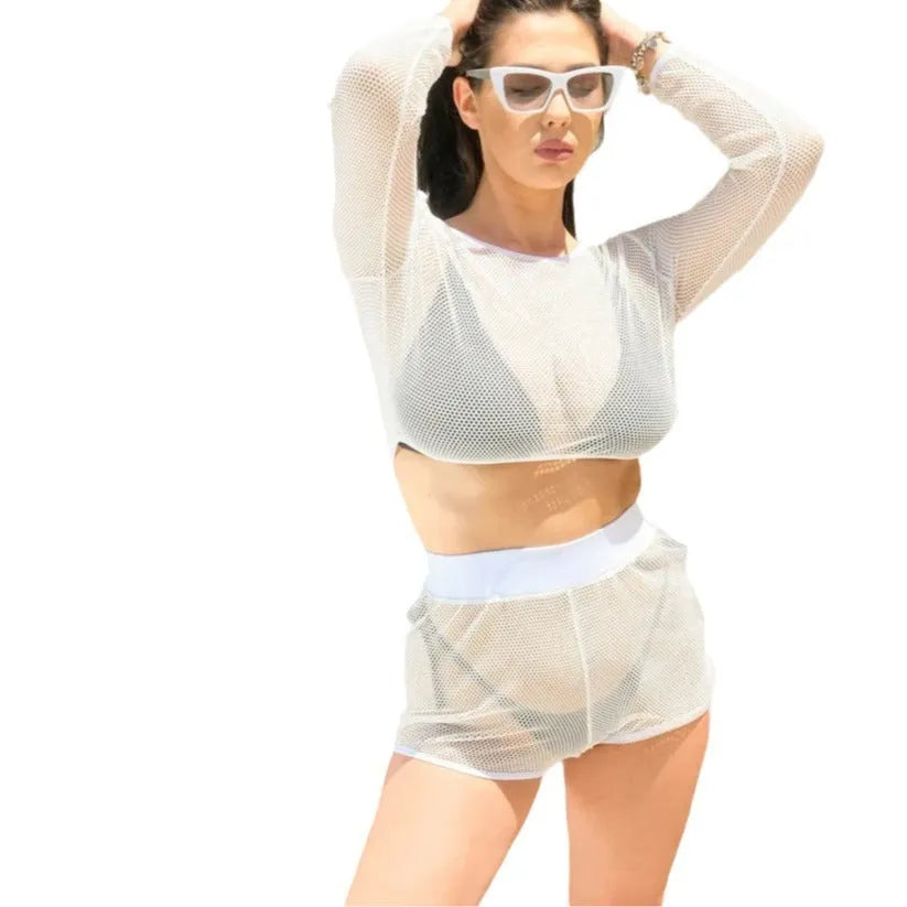 White transparent women's beach swimsuit with breathable straps for sun protection