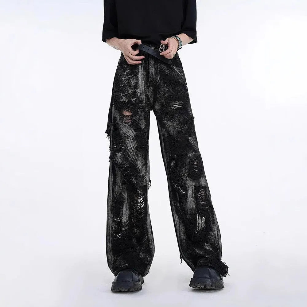 Men's black and grey pink graffiti washed denim jeans on a mid waist with zip fly