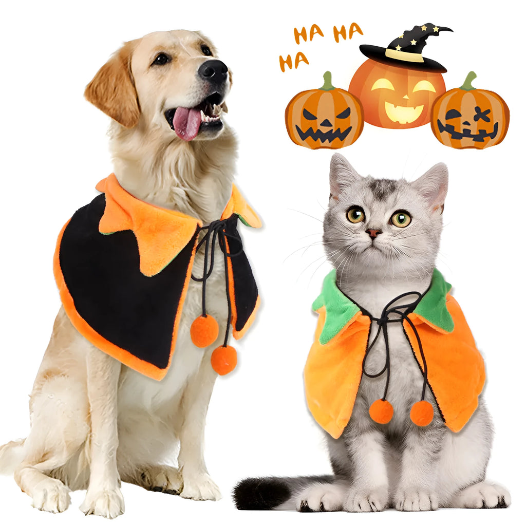 Reversible pumpkin design Halloween cloak for dogs and cats in plush material