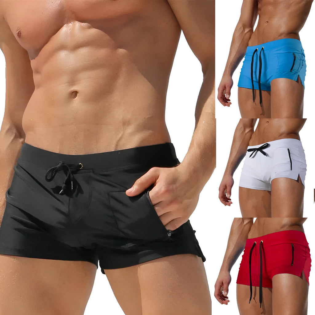 Men's high-waist black swimming trunks with a lace-up front, brief style, and spandex lining.