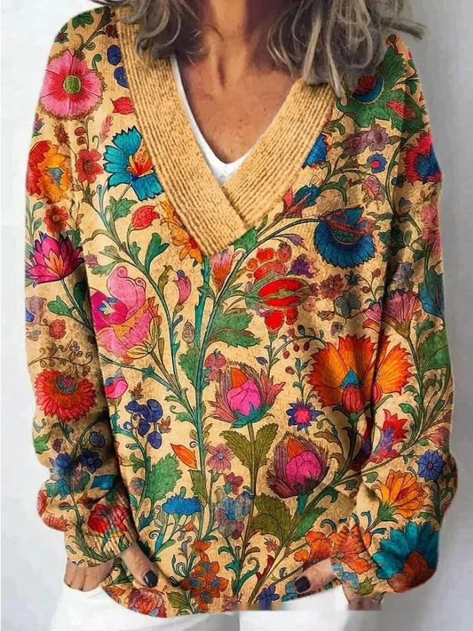 Women's retro-style V-neck sweatshirt with a 3D floral pattern print and long sleeves.