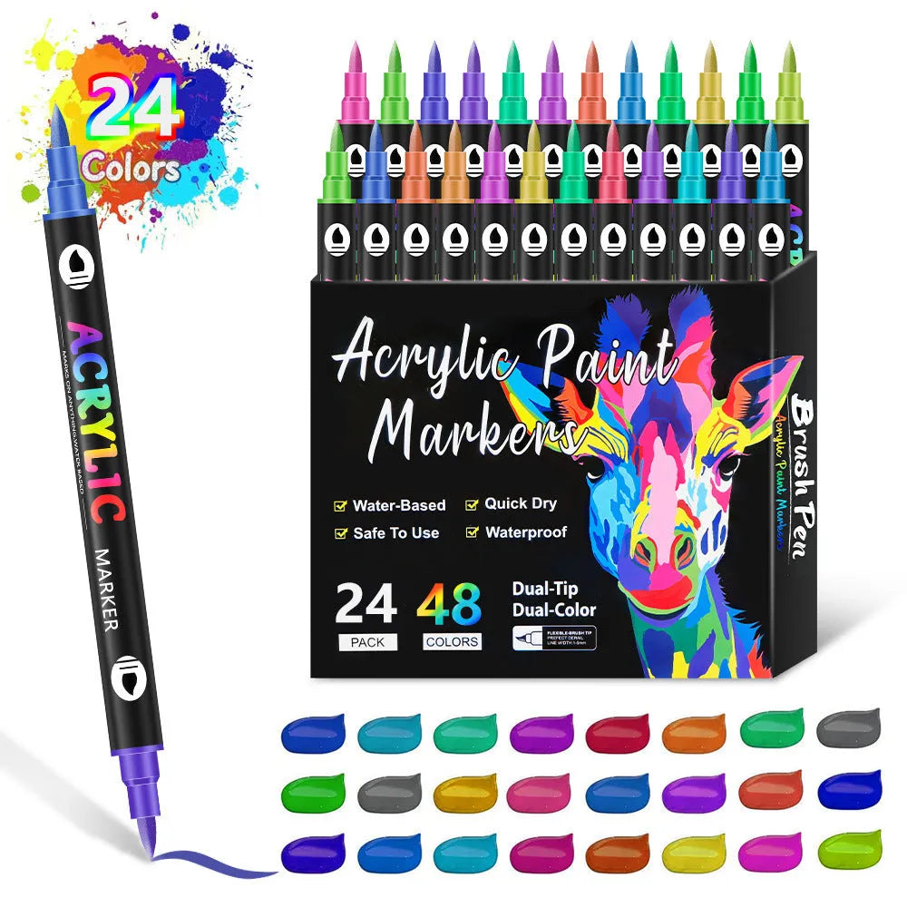 Double-headed acrylic marker pens showing fine tip and broad chisel tip with opaque quick-drying washable ink