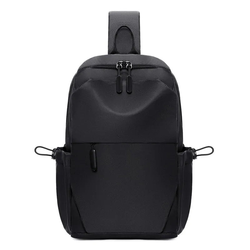 Men's grey waterproof chest bag with adjustable shoulder strap showing front compartment