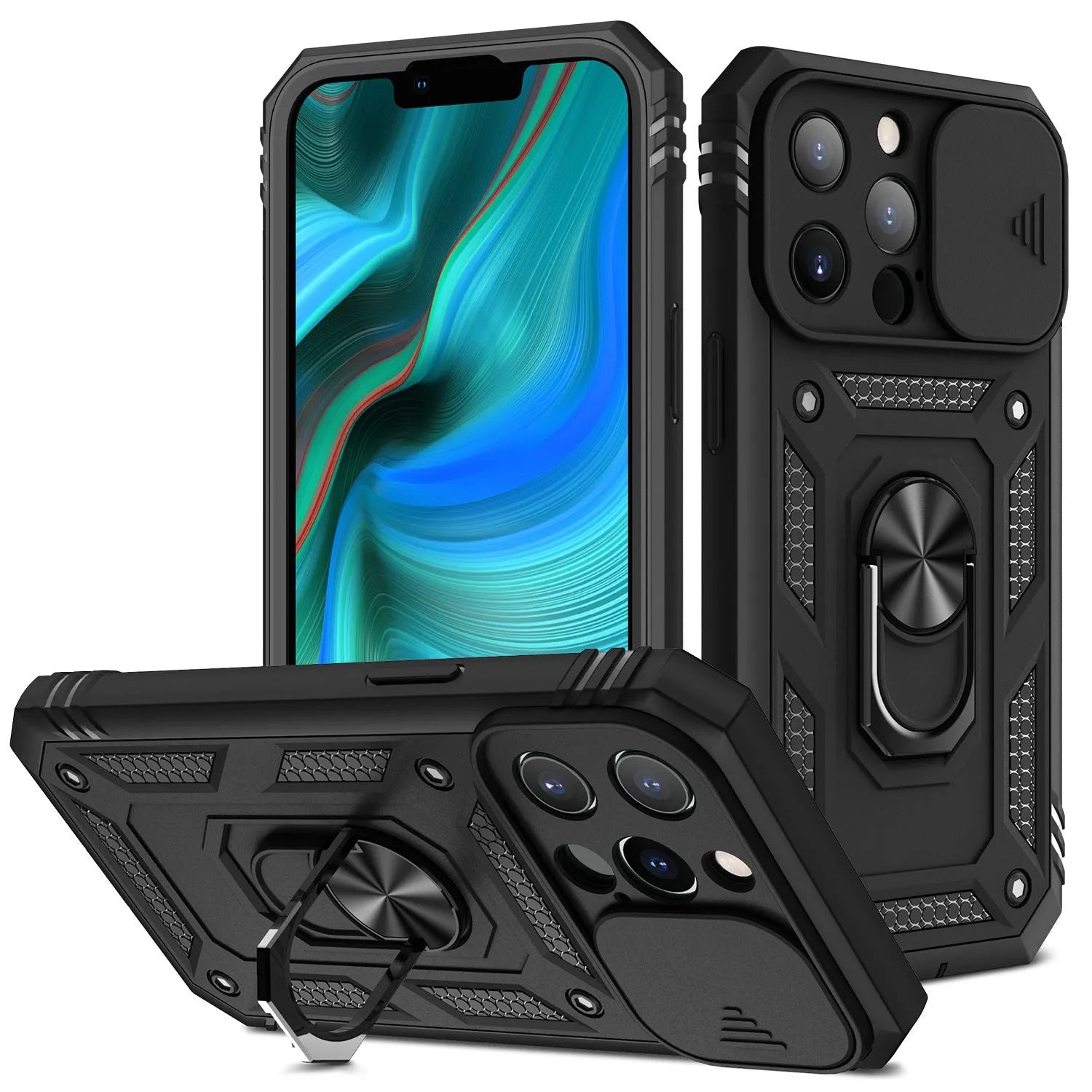 Magnetic sliding bracket phone case for iPhone in two-tone sapphire blue colour.