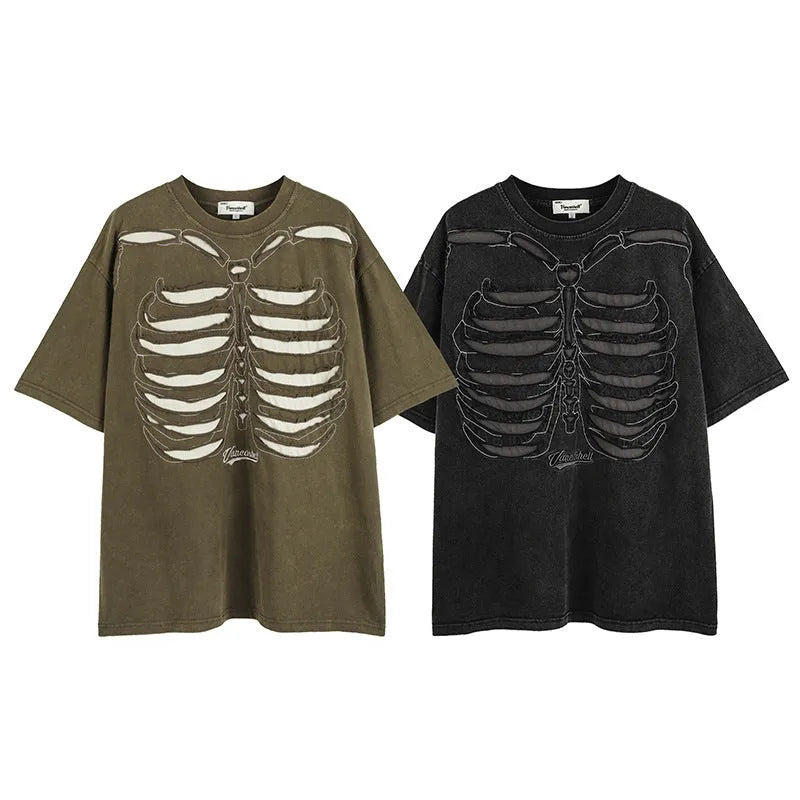 Skull graphic cotton t-shirt with letter print in loose drop-shoulder style