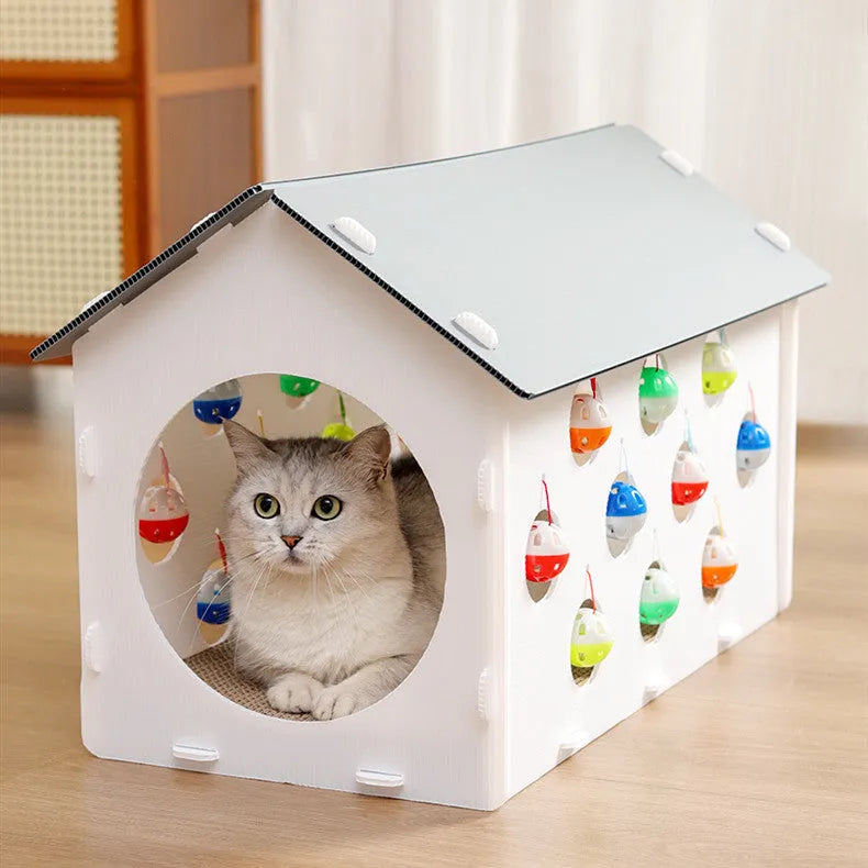 Plastic house cat scratch board with integrated bell ball and tunnel for feline scratching and play