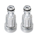 Clear plastic Karcher pressure washer inlet joint with 3cm diameter, shown alongside a machine.