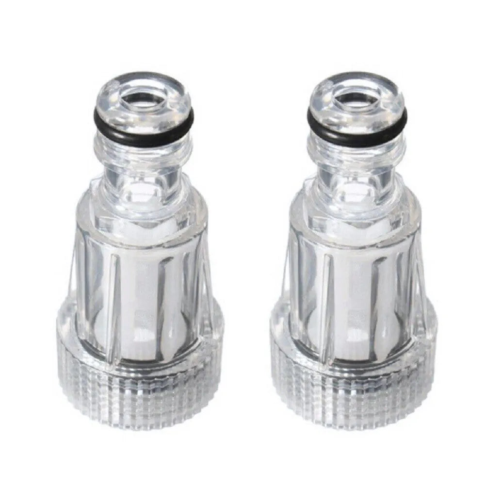 Clear plastic Karcher pressure washer inlet joint with 3cm diameter, shown alongside a machine.