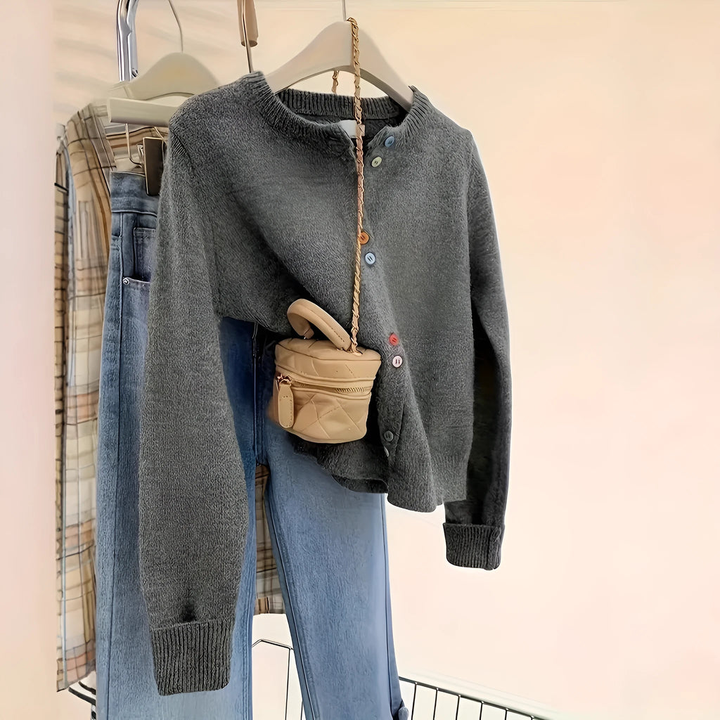 Dark grey women's polyester cardigan sweater with button fastening and regular sleeves