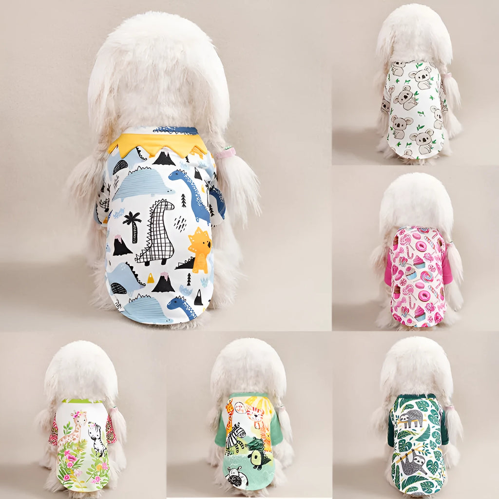 Printed polyester dog t-shirt for small dogs showing colour patterns and size options with weight guidance