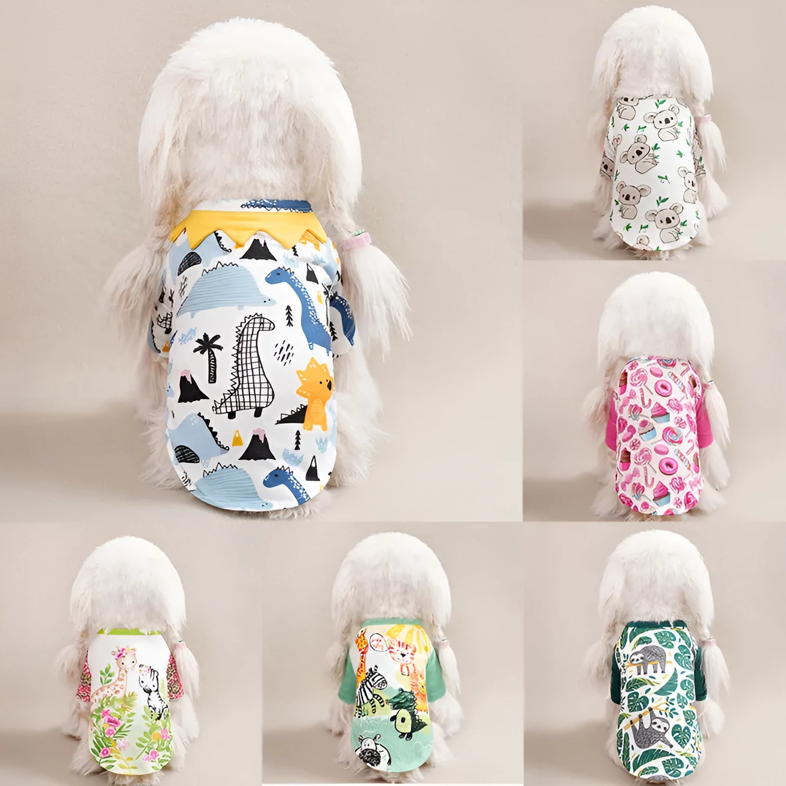 Printed polyester dog t-shirt for small dogs showing colour patterns and size options with weight guidance