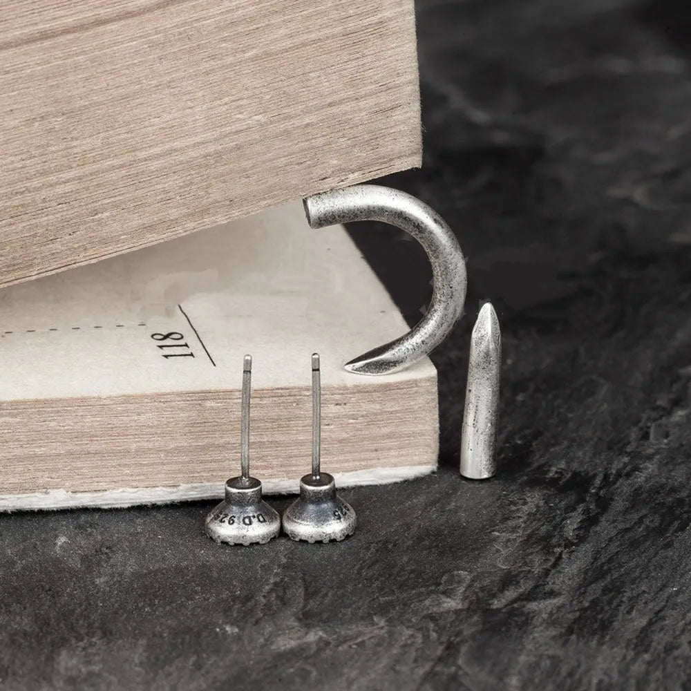 S925 sterling silver nail stud earrings punk style straight and curved nail designs ear hook