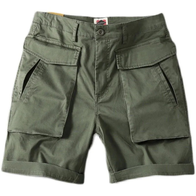 Men's Army Green cargo shorts with multiple pockets showing straight leg cut and cotton fabric