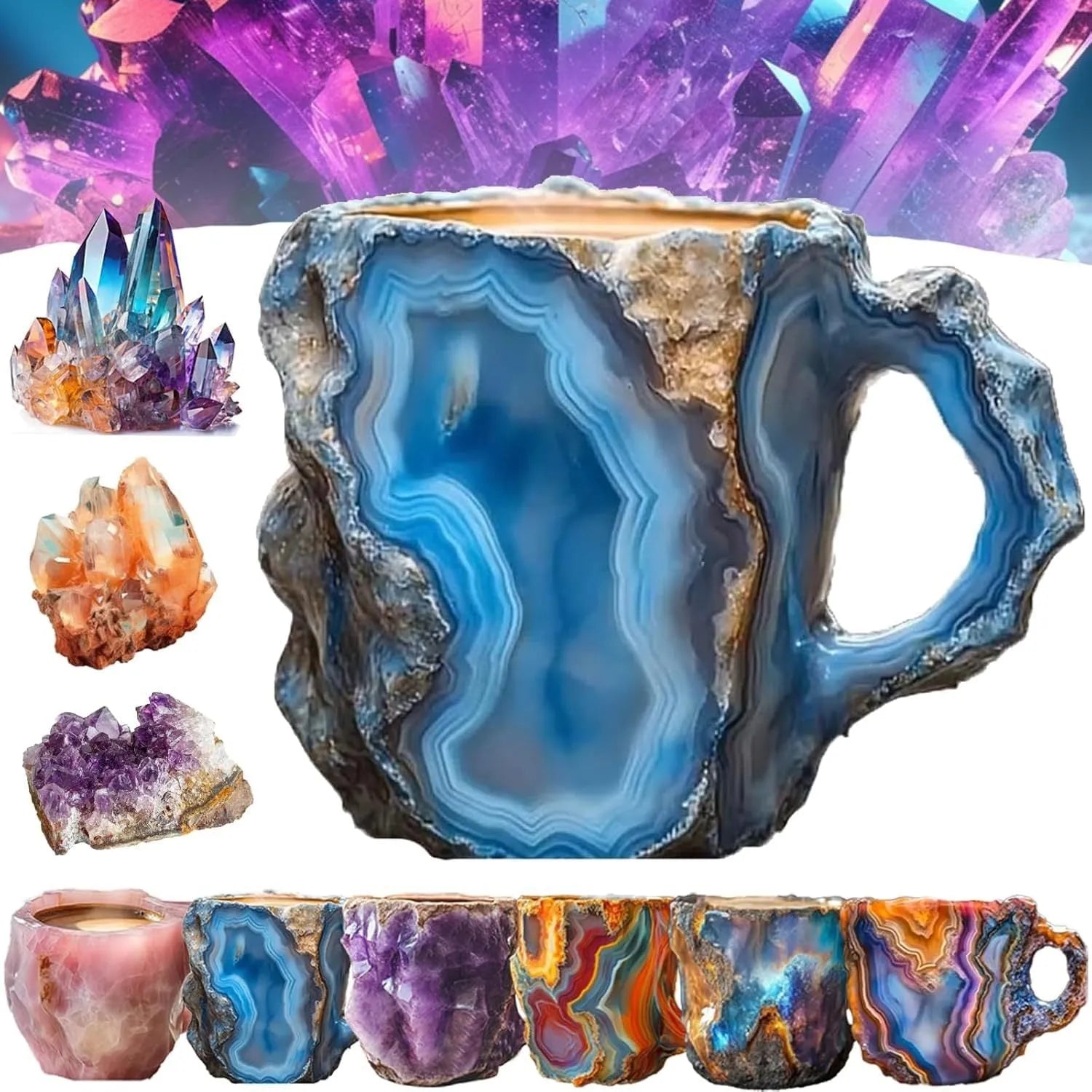 Purple and blue resin coffee mug with crystal texture and handle on wooden table