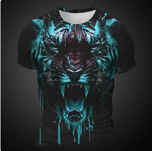 Men's grey t-shirt featuring a large, realistic 3D tiger head print on the chest.