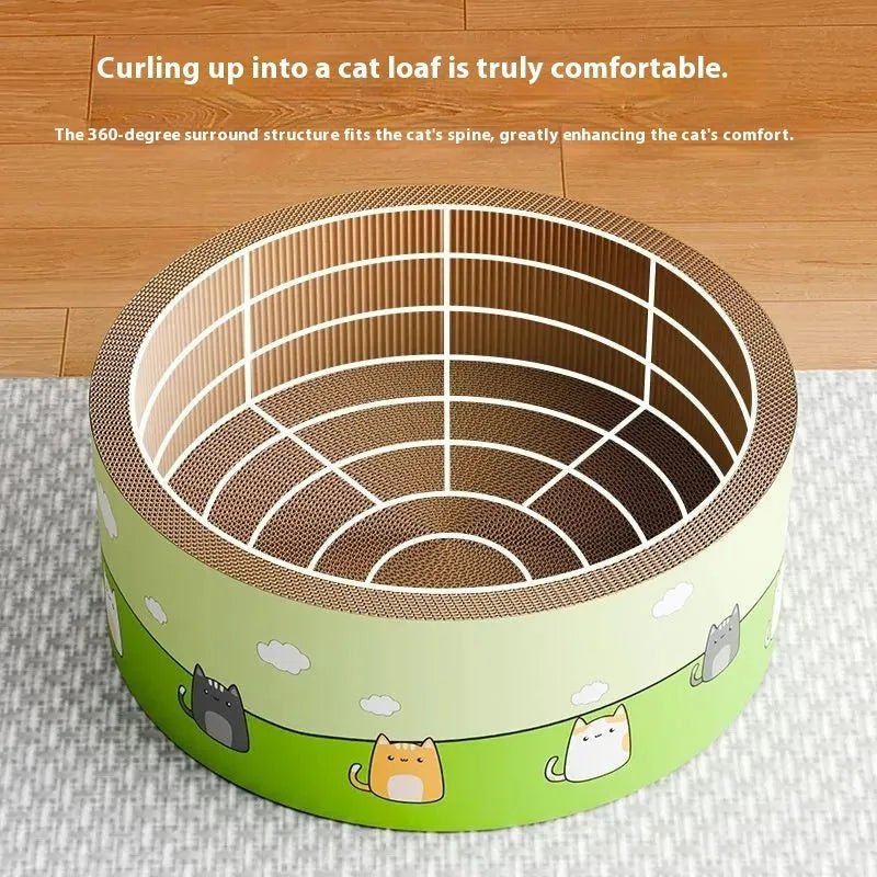Large round corrugated paper cat scratching board with deep pits, shown in 45cm and 50cm sizes.