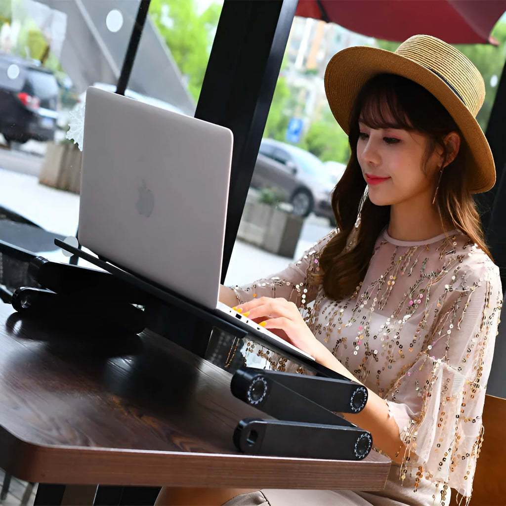 Folding metal laptop bed table stand in black colour showing extended 480mm size with cooling fan