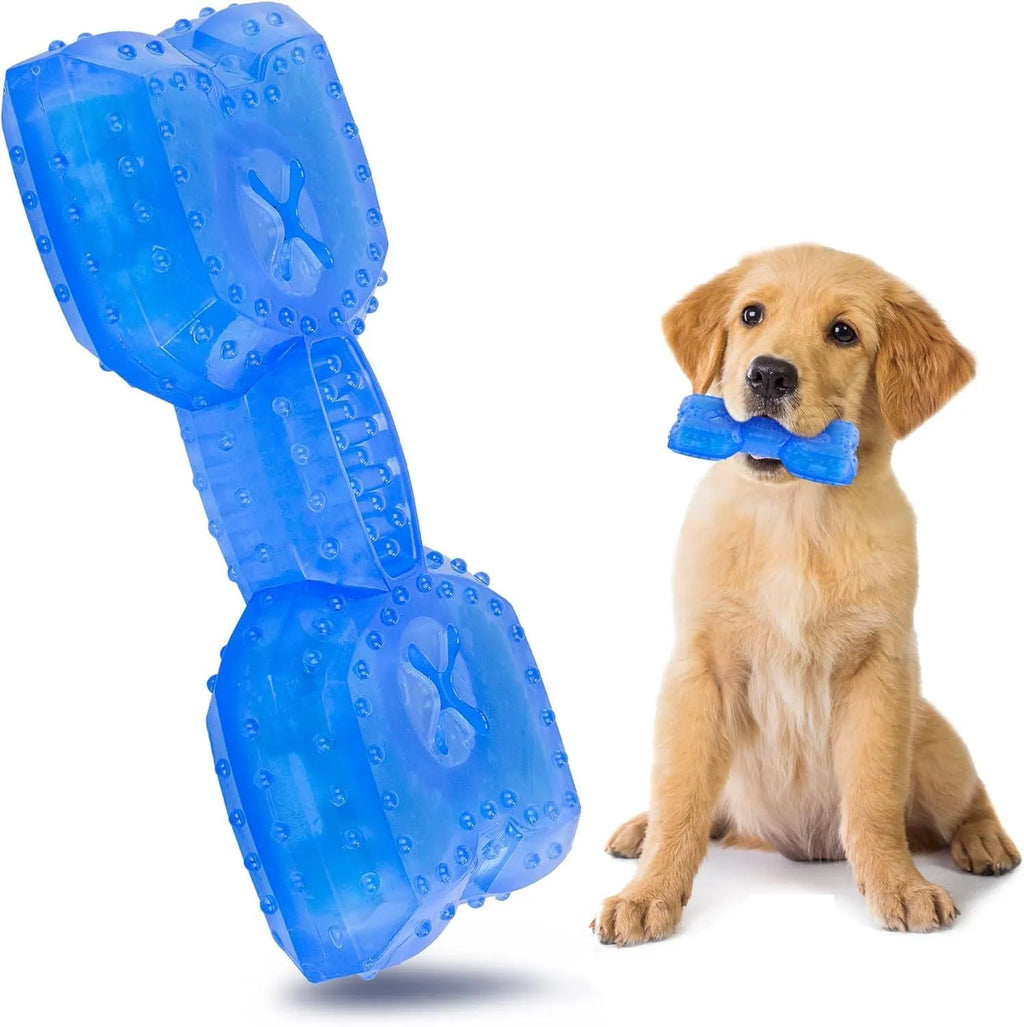 Freezable bone-shaped and circle-shaped dog chew toy for cooling and teething relief.