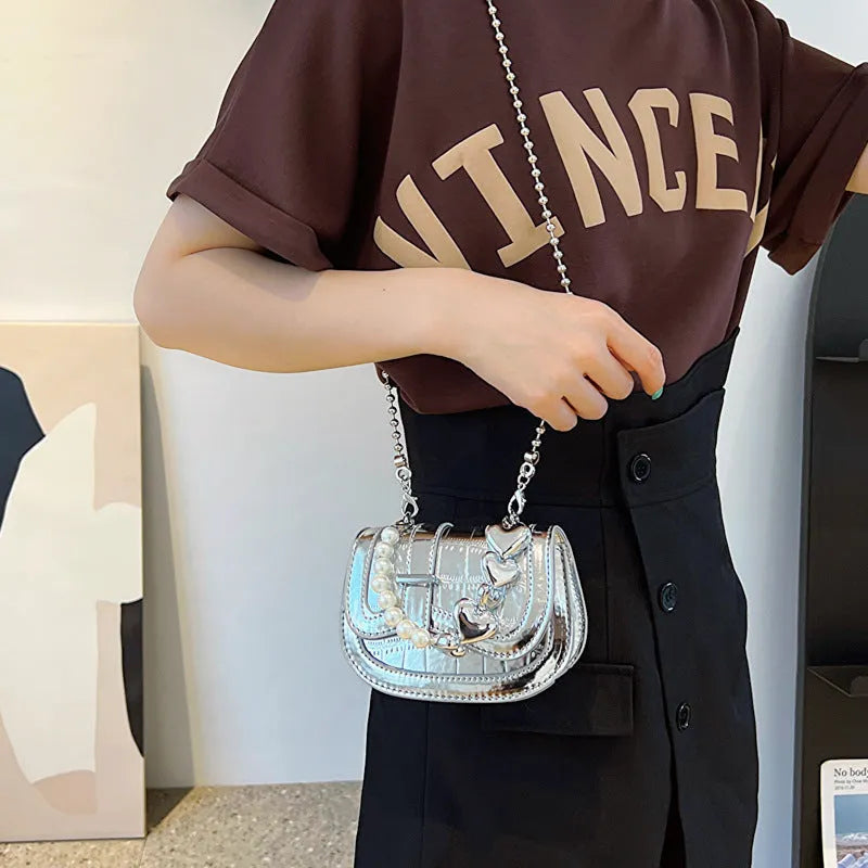 Laser pearl tote saddle girl mini crossbody bag in horizontal square shape with single strap