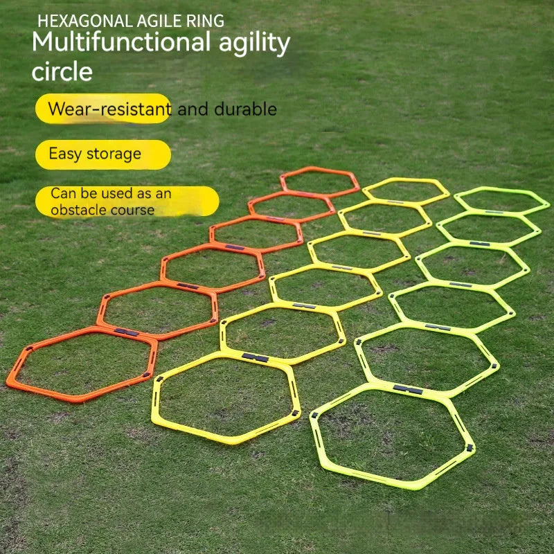 Six foldable hexagonal agility training rings in bright colours for football and basketball drills