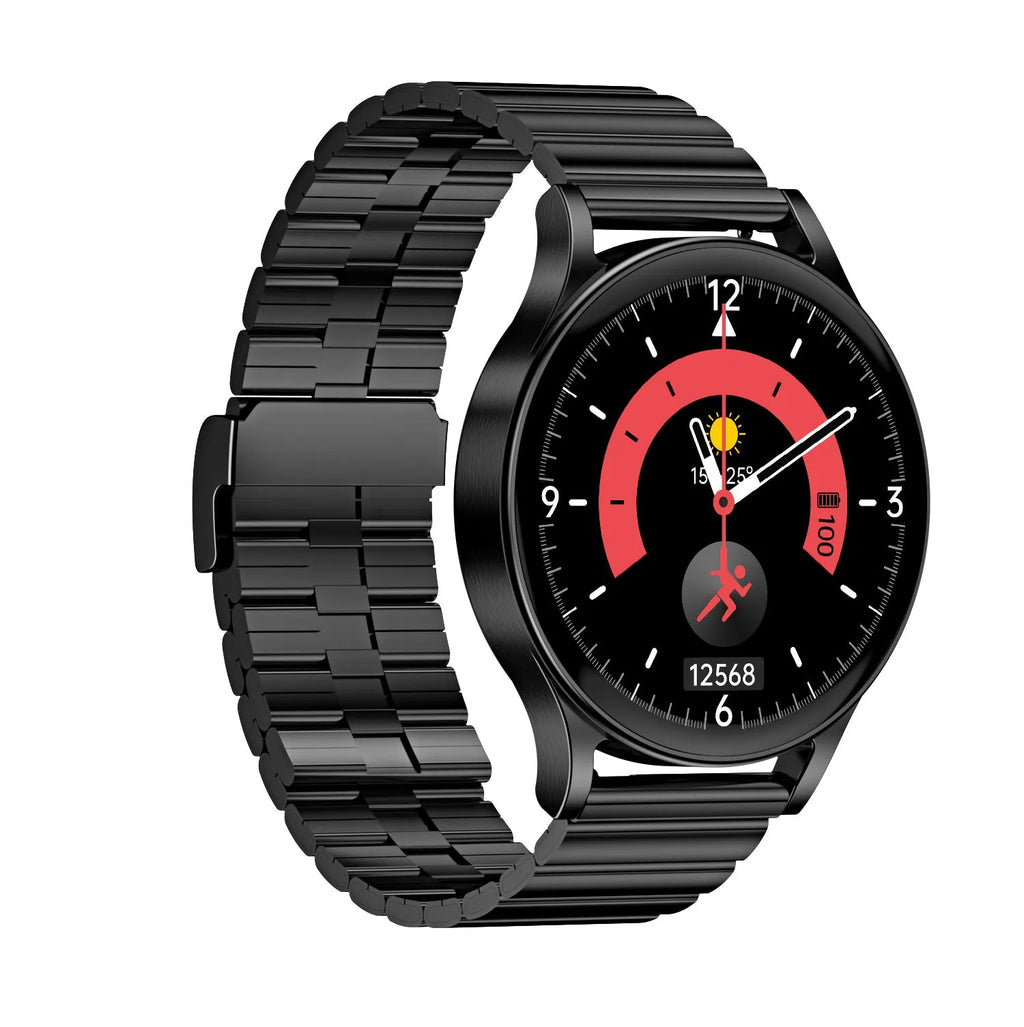 SmartWatch with white background dial and multiple strap colour options steel belt black and silver