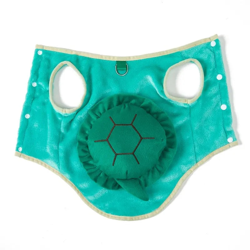 Green flannel pet clothing with cute turtle design on a light background, available in multiple sizes
