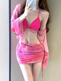 Women's blue high-waisted bikini four-piece set with shirt, bra, underwear and skirt for swimming