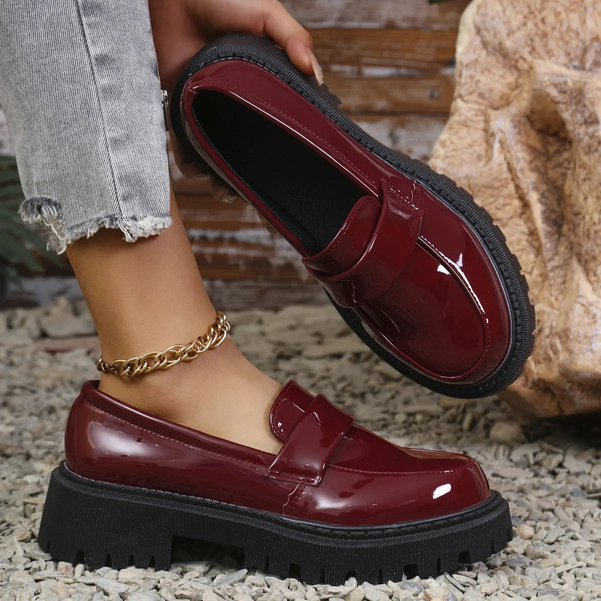 Plus size women's chunky heel loafers in black, wine red and green colours
